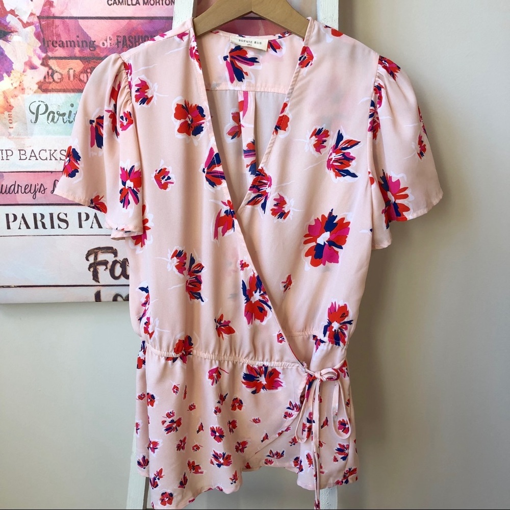Sophie Rue Floral Pink Blue Flutter Short Sleeve Top Wrap Women's Size Small
